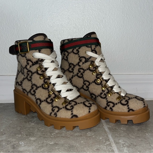 GUCCI BIG GG WOOL LACE UP COMBAT MOTO BOOTS - Picture 2 of 11